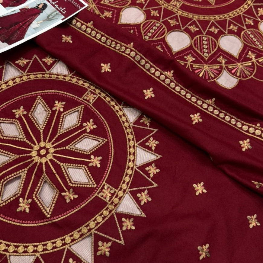 Close up Picture of 'Husn-e-jahan' laser applique shawl in airjet dhanak crimson red color with golden embroidery 