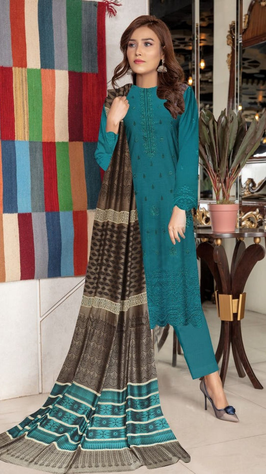 3 Pc - Dhanak Embroidered with Velvet Shawl Suit