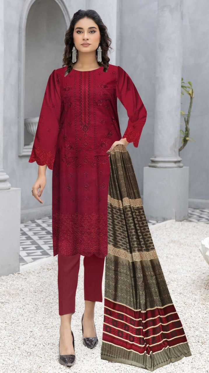 3 Pc - Dhanak Embroidered with Velvet Shawl Suit