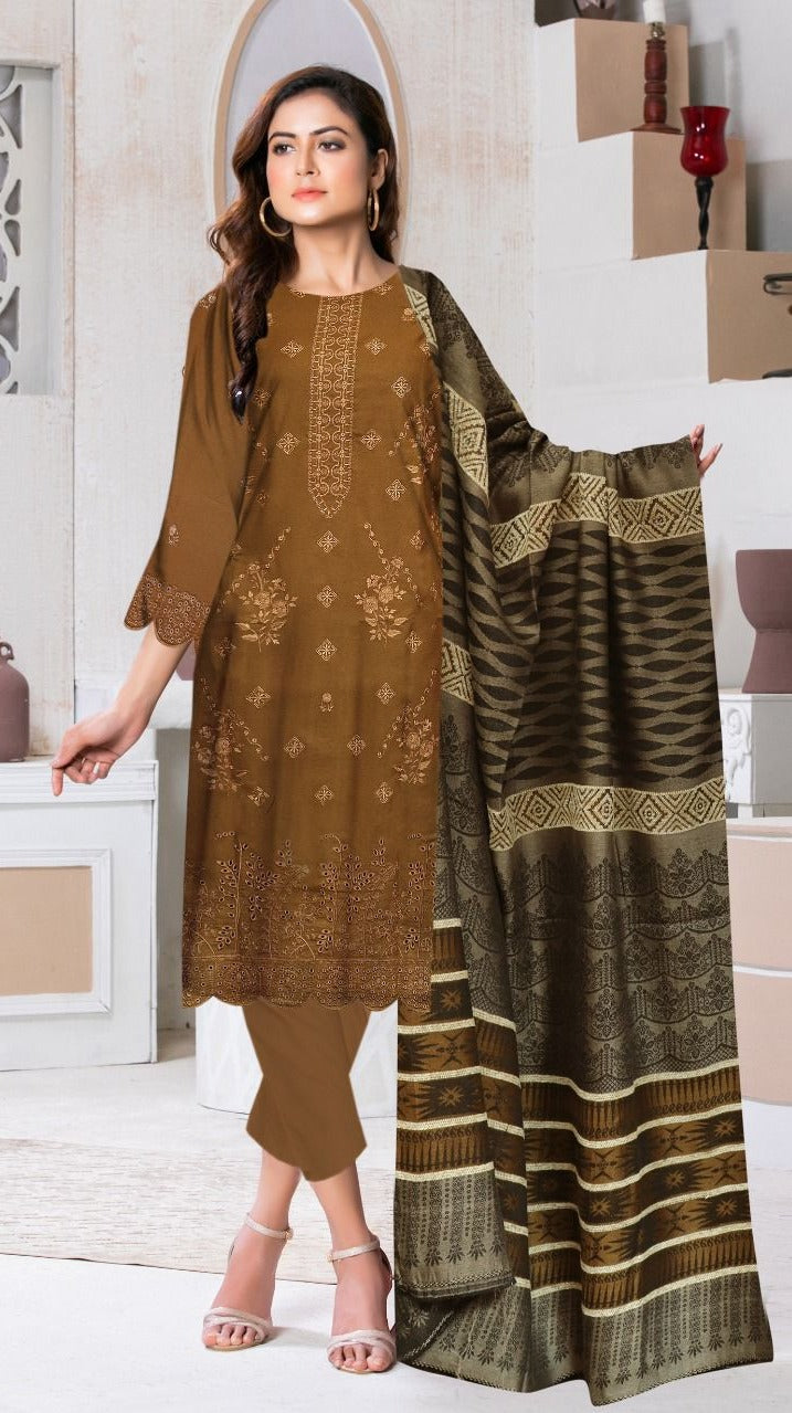 3 Pc - Dhanak Embroidered with Velvet Shawl Suit