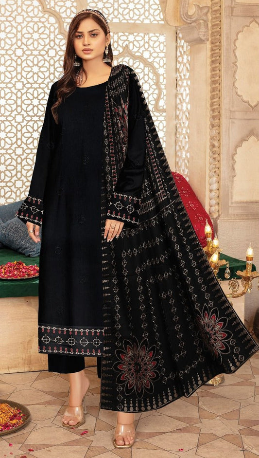 3 Pc - Airjet Dhanak Embroidered Suit with Full Applique Shawl