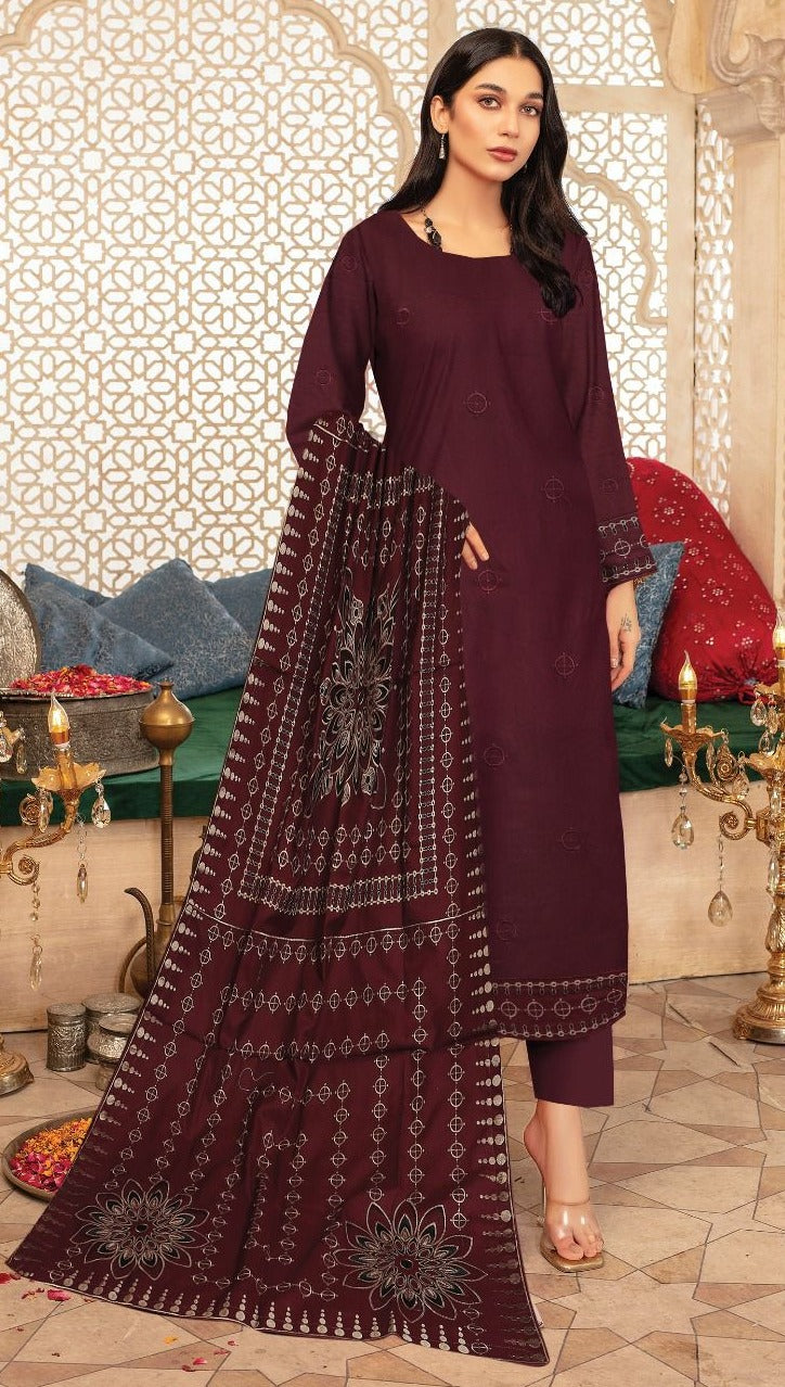 3 Pc - Airjet Dhanak Embroidered Suit with Full Applique Shawl