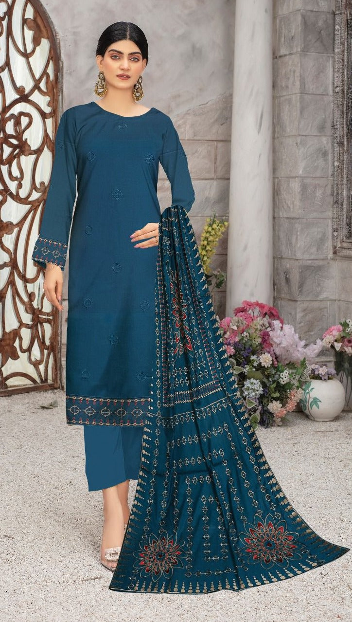 3 Pc - Airjet Dhanak Embroidered Suit with Full Applique Shawl